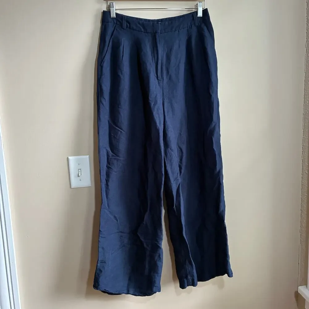 H&M linen blend navy wide leg trousers women's 6 pockets casual missing button